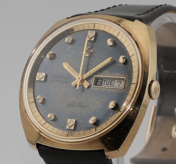 Vintage Orfina Automatic Golden Flame Day Date Blue Dial Swiss Men’s Watch - image 3