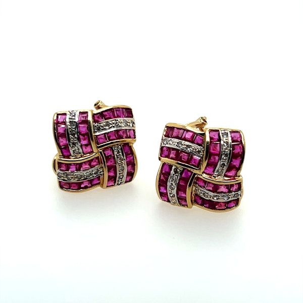 Ruby and Diamond Woven 18ct Gold Earrings Circa 1960s - image 3