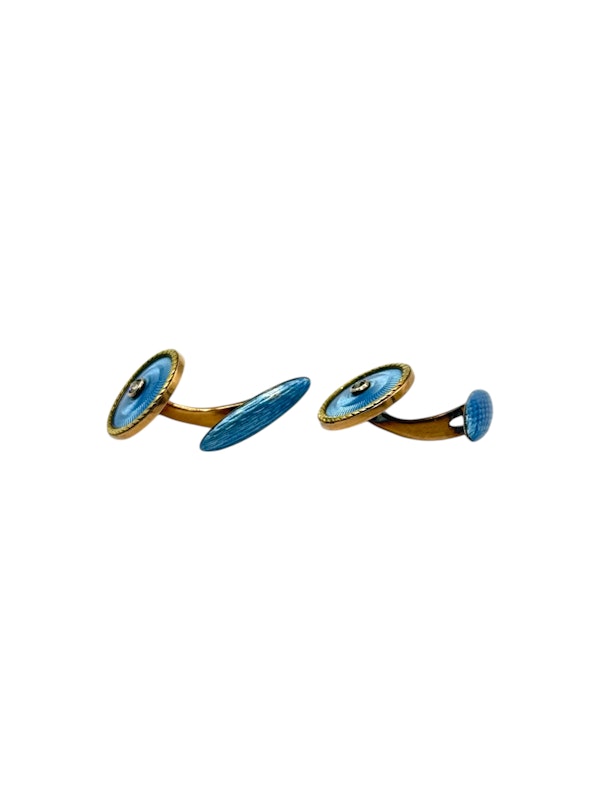Russian gold and diamond with blue guilloche enamel pair of cufflinks, 1st Moscow Artel, c.1915. - image 2