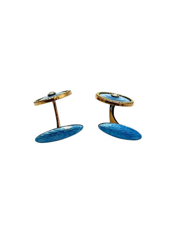 Russian gold and diamond with blue guilloche enamel pair of cufflinks, 1st Moscow Artel, c.1915. - image 4