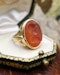 An 18ct Yellow Gold (tested), Oval Carnelian Intaglio ring, finely carved with the image of a warrior wearing a Winged Helmet (Hermes - Mercury), partial hallmarks. English. Circa 1890 - image 1