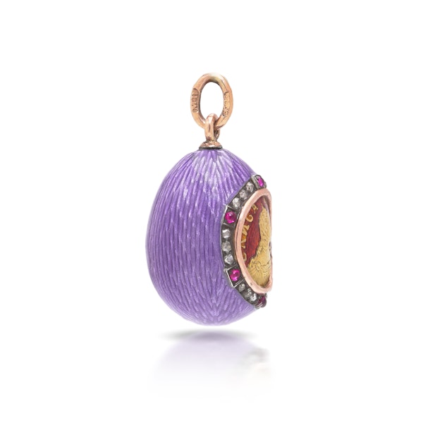 Faberge jewelled gold and purple guilloché enamel egg pendant, St Petersburg c.1890 by Mikhael Perkhin. - image 3