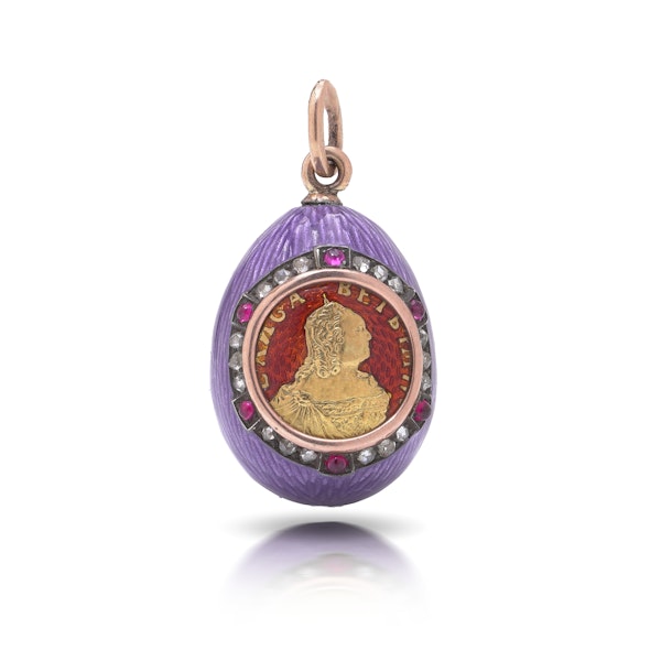 Faberge jewelled gold and purple guilloché enamel egg pendant, St Petersburg c.1890 by Mikhael Perkhin. - image 7