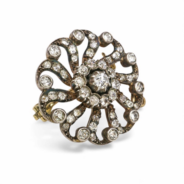 Victorian Diamond and Silver Upon Gold Pinwheel Cluster Brooch, Circa 1890 - image 3
