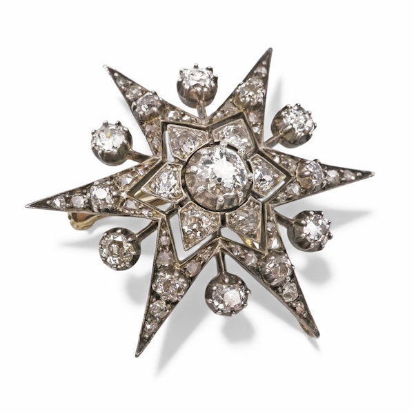 Antique Diamond and Silver Upon Gold Six Point Star Brooch, With Rays, Circa 1890 - image 3