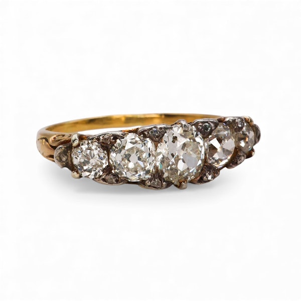 Antique Diamond, Silver and Gold Five Stone Carved Ring, Circa 1900 - image 3