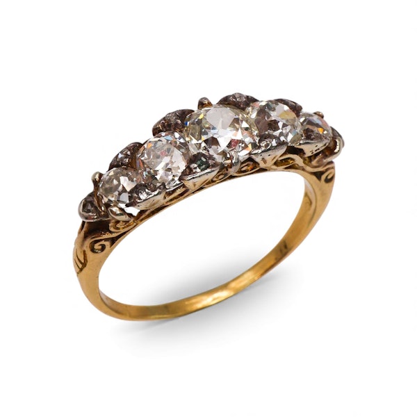 Antique Diamond, Silver and Gold Five Stone Carved Ring, Circa 1900 - image 5