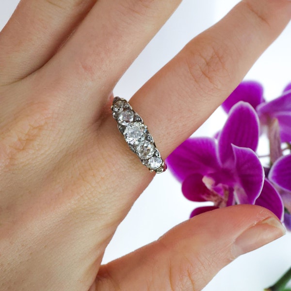 Antique Diamond, Silver and Gold Five Stone Carved Ring, Circa 1900 - image 2