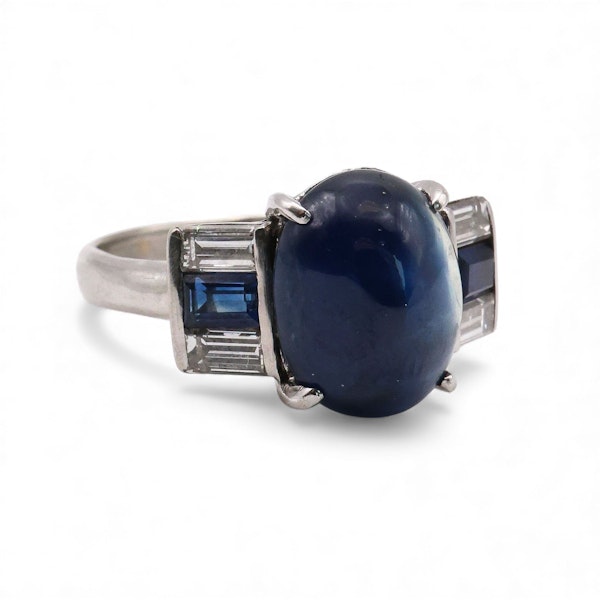 Art Deco Style Cabochon Sapphire, Diamond and Platinum Ring - image 3