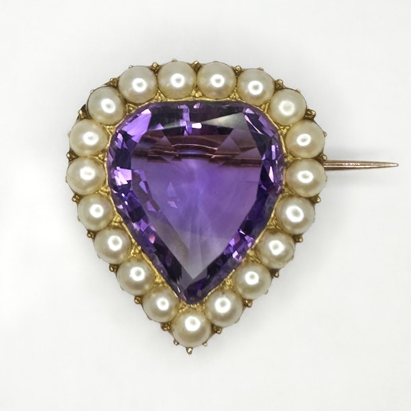 Antique Amethyst & Pearl Heart Brooch - Saddingtons Jewellery Stand 375 - image 1