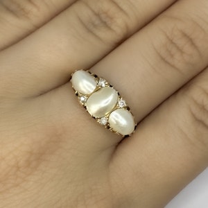Antique 3 Natural Pearl & Diamond Ring - Saddingtons Jewellery Stand 375