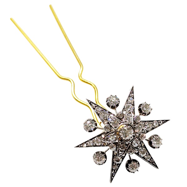 Antique Diamond and Silver Upon Gold Six Point Star Brooch and Hair Pin, With Rays, Circa 1905, 3.75 Carats - image 9