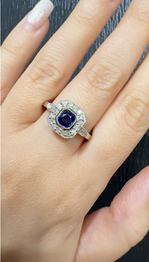 Art Deco Inspired Sapphire & diamond cluster ring 18k white gold