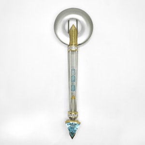 Tom Rucker Satellite Platinum and Aquamarine Brooch/Pendant - Saddingtons Jewellery Stand 375