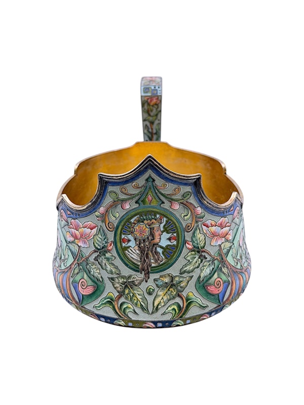Russian silver gilt cloisonné and shaded pictorial enamel kovsh, Moscow, c. 1910. - image 2