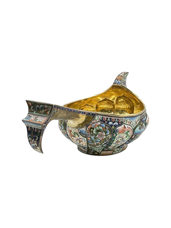 Russian silver gilt cloisonné and shaded enamel kovsh, Moscow, c.1910. - image 3