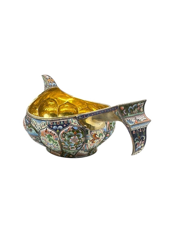 Russian silver gilt cloisonné and shaded enamel kovsh, Moscow, c.1910. - image 2