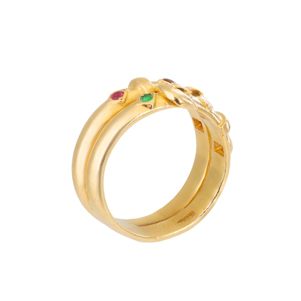 Victorian Ruby, Emerald, Sapphire & Diamond 18ct Gold Double Buckle Ring - image 2