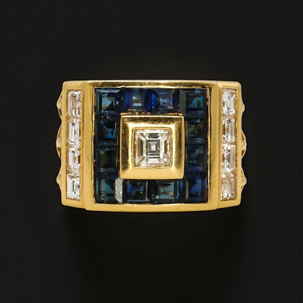 Vintage Gold "Tank" Ring – Blue Sapphire & Diamond Mosaic - image 1