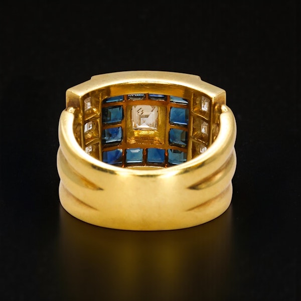Vintage Gold "Tank" Ring – Blue Sapphire & Diamond Mosaic - image 3