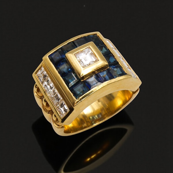 Vintage Gold "Tank" Ring – Blue Sapphire & Diamond Mosaic - image 2