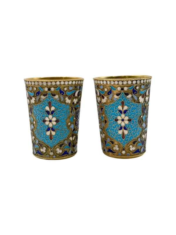 Russian silver gilt and cloisonné enamel pair of vodka cups, Moscow c.1900 by Dmitriy Nikolaev. - image 2