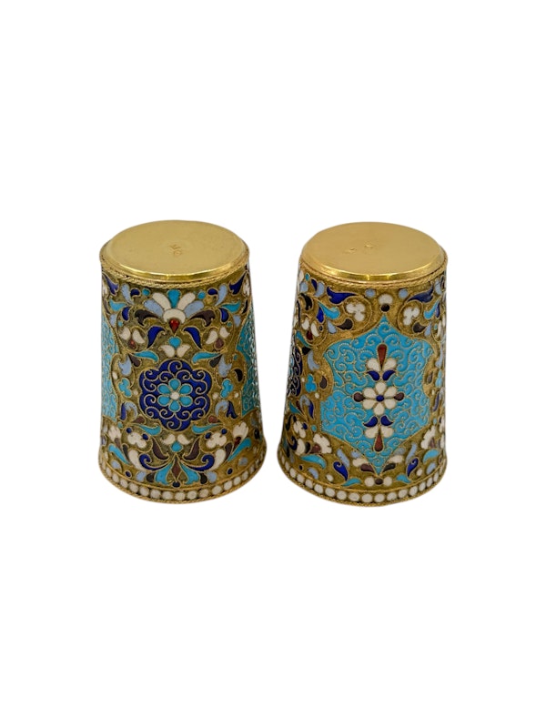 Russian silver gilt and cloisonné enamel pair of vodka cups, Moscow c.1900 by Dmitriy Nikolaev. - image 4