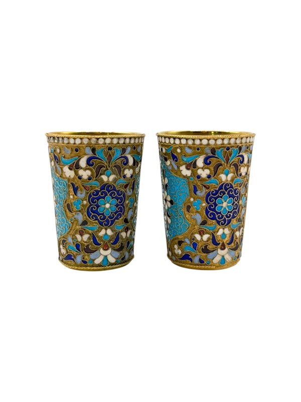Russian silver gilt and cloisonné enamel pair of vodka cups, Moscow c.1900 by Dmitriy Nikolaev. - image 3