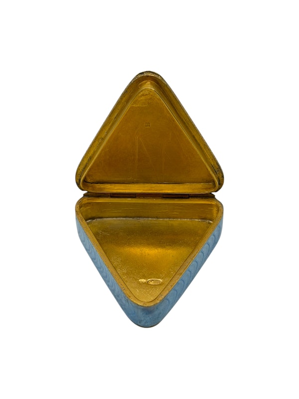 Faberge silver gilt and guilloche enamel triangle pill box, St Petersburg, c.1910 by Anna Ringe. - image 3