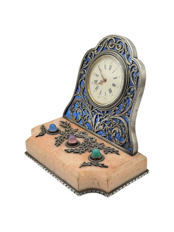 19th century French silver and guilloche enamel desk clock with bell pushes. - image 2