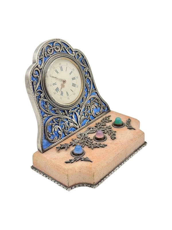 19th century French silver and guilloche enamel desk clock with bell pushes. - image 5