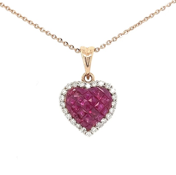 Heart Shape invisible set ruby & diamond pendant necklace 18K Rose Gold - image 1