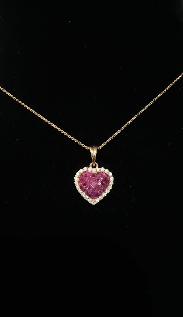 Heart Shape invisible set ruby & diamond pendant necklace 18K Rose Gold - image 3
