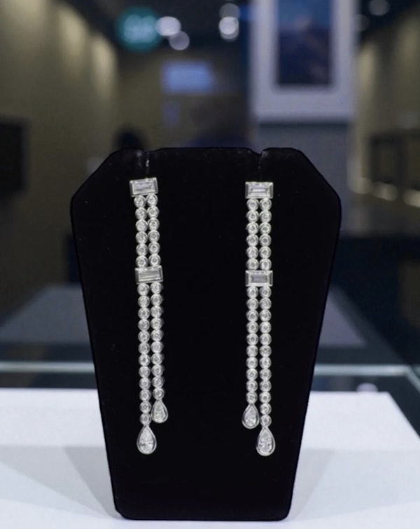 Two-row diamond drop earrings 18K white Gold - image 2