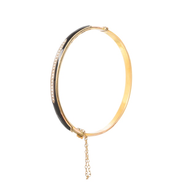 Victorian 9ct Gold Black Enamel & Seed Pearl Hinged Bangle - image 2