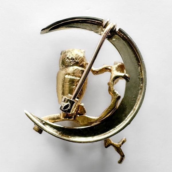 Vintage Gold Owl In The Moon Brooch - Saddingtons Jewellery Stand 375 - image 2