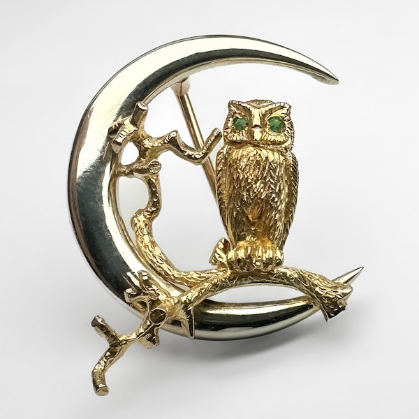 Vintage Gold Owl In The Moon Brooch - Saddingtons Jewellery Stand 375 - image 1