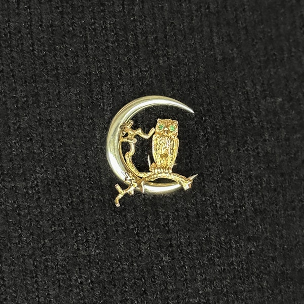 Vintage Gold Owl In The Moon Brooch - Saddingtons Jewellery Stand 375 - image 4