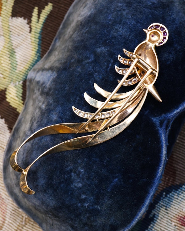 Downstairs at Grays: 18ct Yellow & White Gold Bird Of Paradise Ruby & Diamond Brooch - image 3