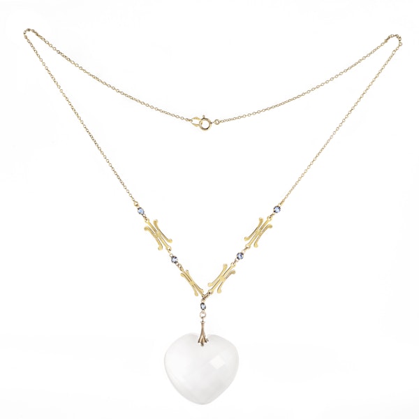Art Deco Rock Crystal Heart Gold Necklace in with Sapphire Set Chain, c.1930s - image 2