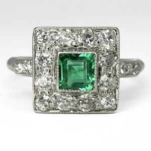 Antique Emerald & Diamond Square Cluster Ring - Saddingtons Jewellery Stand 375