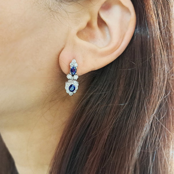 Vintage Sapphire Diamond and White Gold Cluster Drop Earrings, Circa 1960 - image 2