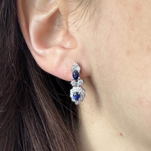 Vintage Sapphire Diamond and White Gold Cluster Drop Earrings, Circa 1960 - image 5