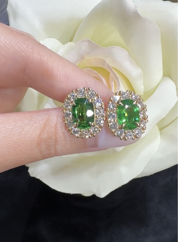 4.12 carat Tsavorite garnet & diamond cluster earrings 18k yellow gold - image 2