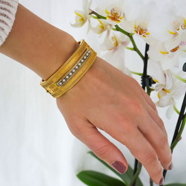 Antique Etruscan Revival Pearl and Gold Bangle, Circa 1875 - image 4