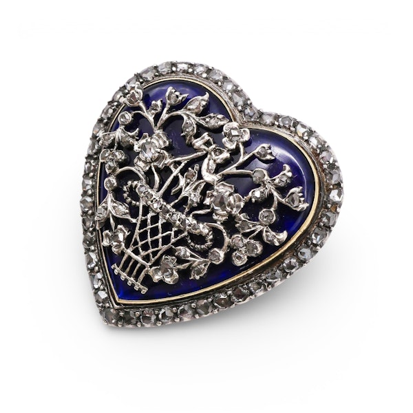 Georgian Bristol Cobalt Blue Glass, Rose Diamond, Silver and Gold Heart Brooch, Circa 1820 - image 3