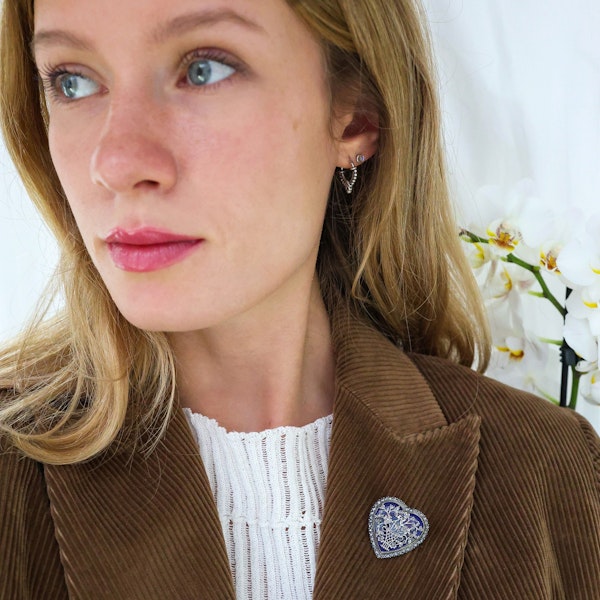 Georgian Bristol Cobalt Blue Glass, Rose Diamond, Silver and Gold Heart Brooch, Circa 1820 - image 2