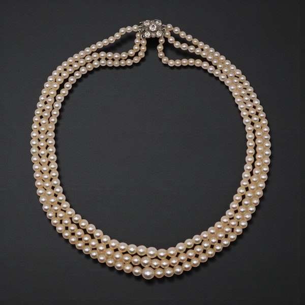Vintage Three Row Cultured Pearl and Diamond Necklace at Deco&Vintage Ltd - image 3