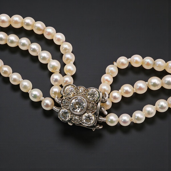 Vintage Three Row Cultured Pearl and Diamond Necklace at Deco&Vintage Ltd - image 5
