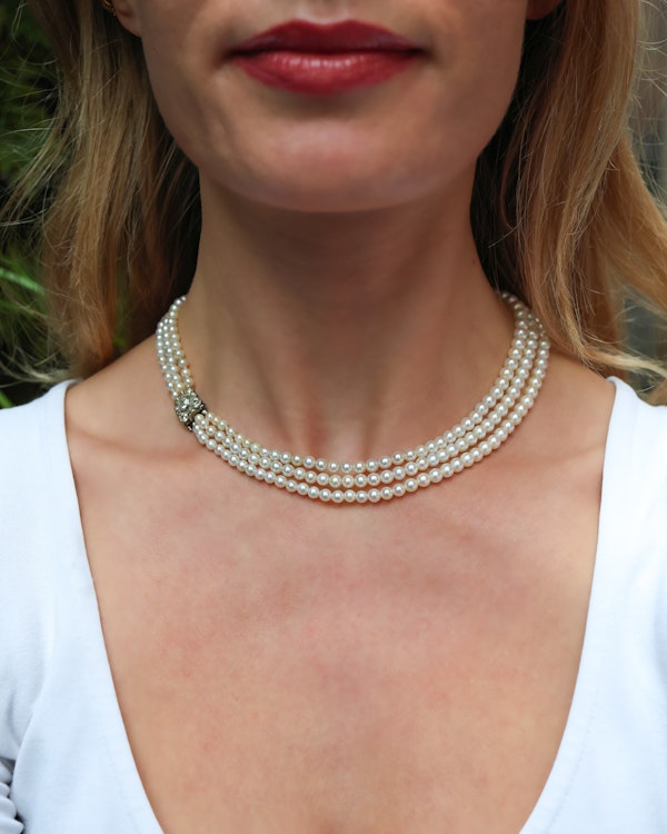 Vintage Three Row Cultured Pearl and Diamond Necklace at Deco&Vintage Ltd - image 2